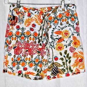 J. McLaughlin Linen Colorful Pink & Yellow Floral Print Belted Zip Front Shorts